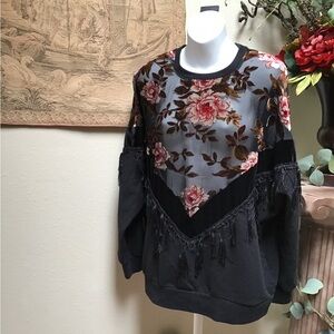Zara Black Floral Blouse with Tassels